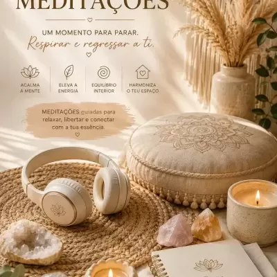 Elementos para meditação com auscultadores brancos, almofada mandala, cristais, velas e caderno em ambiente decorado natural.