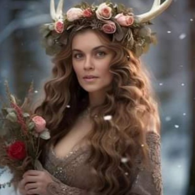 Mulher com vestido rendado e grinalda com flores e chifres