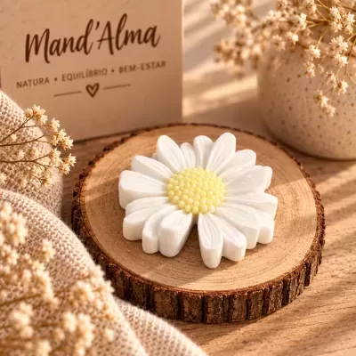 Sabonete flor margarida branco e amarelo sobre disco de madeira com embalagem e flores secas
