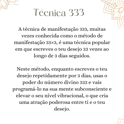 Texto explicativo sobre a Técnica 333 com decoração dourada nos cantos