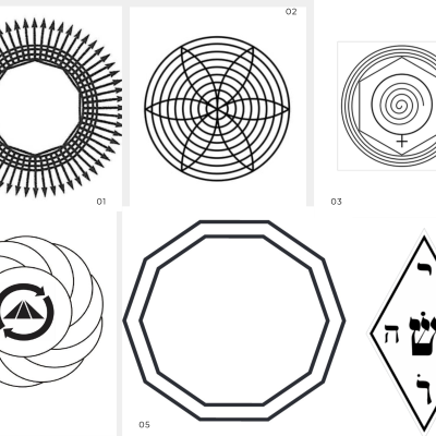 O Poder Transformador dos Gráficos Radiónicos Seis figuras geométricas em preto e branco com formas circulares, octagonais, quadradas e losango, contendo símbolos e letras hebraicas.