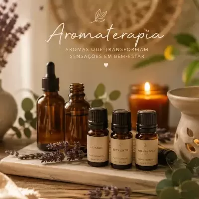 Frascos de óleo essencial em frascos âmbar junto a velas e difusor cerâmico
