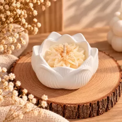Vela decorativa creme em suporte cerâmico branco com textura de pétalas sobre base de madeira e flores secas