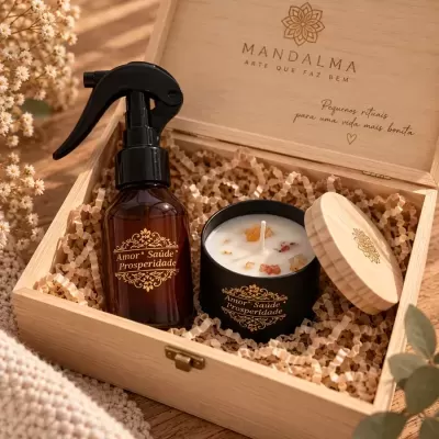 Conjunto de presente com spray e vela em caixa de madeira