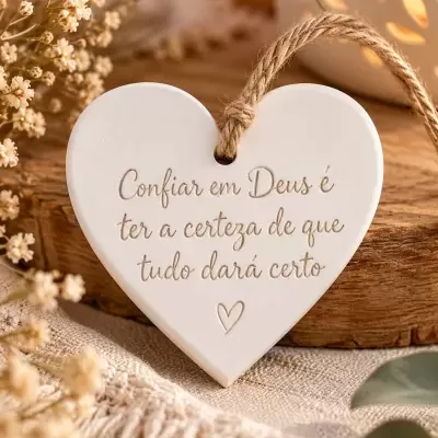 Peça decorativa de cerâmica em forma de coração com frase religiosa gravada.