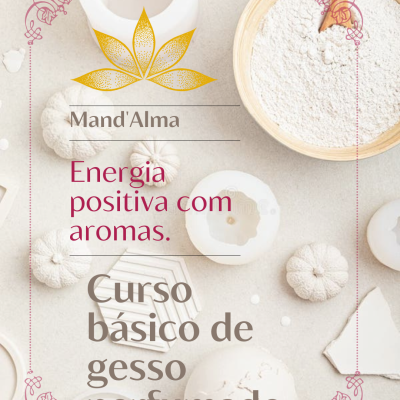 Moldes e formas de gesso branco com pó em tigela e texto promocional de curso de gesso perfumado.