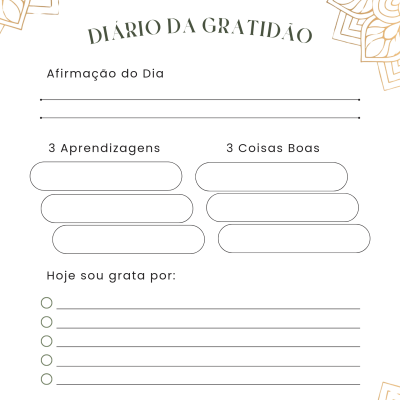 Página de diário da gratidão com espaços para preenchimento e decoração dourada