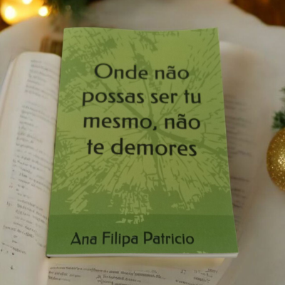 Livro de capa verde claro com texto preto sobre livro aberto e decoração de Natal ao fundo
