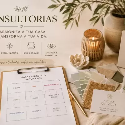 Mesa com prancheta, amostras de tecidos, vela e cartões relacionados a consultorias de feng shui e decoração