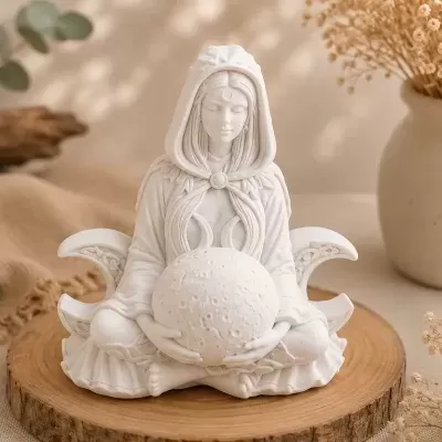 Estátua decorativa branca de mulher com capuz e esfera, em suporte de madeira