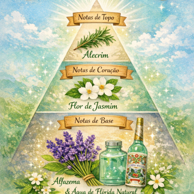 Pirâmide olfativa com alecrim, jasmim, alfazema, água de flórida natural e texto Sem Álcool