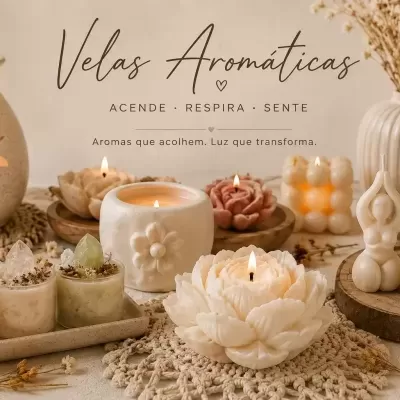 Velas aromáticas de vários formatos e cores neutras com decoração natural