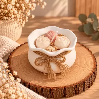 Vela decorativa com flores em recipiente branco sobre base de madeira