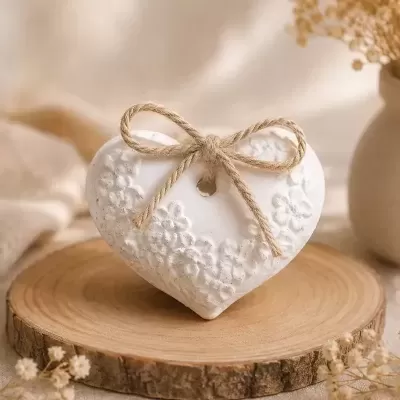 Coração de cerâmica branco com textura floral e laço em corda sobre base de madeira