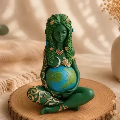 Estátua verde decorativa de mulher segurando globo terrestre sentada sobre disco de madeira.