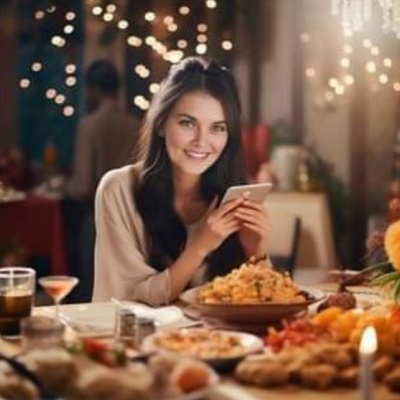 Mulher jovem com telemóvel sentada à mesa com comida variada e iluminação ambiente