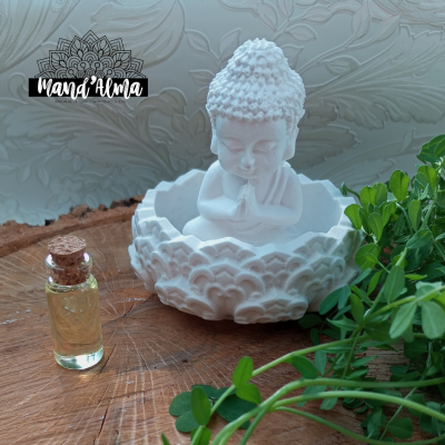 Figura decorativa branca de Buda em cerâmica com frasco de vidro e plantas verdes