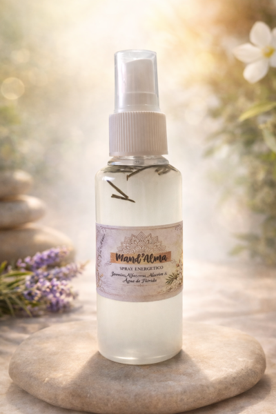 Frasco de spray energético transparente com rótulo e tampa branca, sobre pedra lisa.