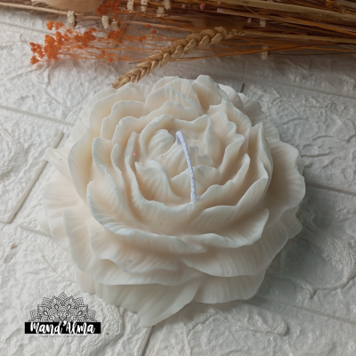 Vela branca em forma de flor com pétalas detalhadas em superfície branca com ramos secos no fundo