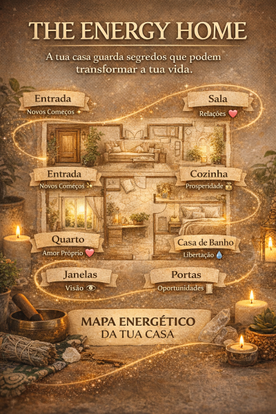 Mapa energético de casa com divisões ilustradas e texto em tom rústico com velas e pedras.