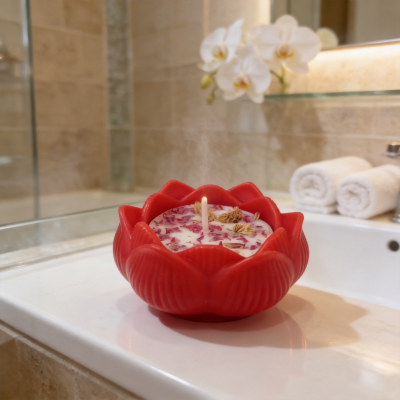 Vela perfumada branca em recipiente vermelho em forma de flor numa casa de banho com toalhas e orquídeas