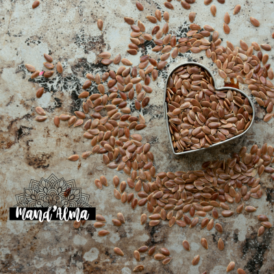 Sementes de linhaça castanhas numa superfície de pedra com cortador de biscoitos em forma de coração cheio de sementes