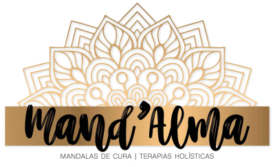 Logotipo Mand'Alma com mandala dourada e texto preto sobre faixa dourada