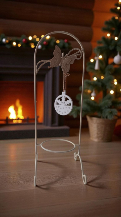 Suporte metálico branco com decoração de borboleta e enfeite natalício pendurado