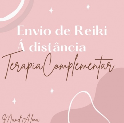 Imagem promocional com texto sobre envio de Reiki à distância em fundo rosa
