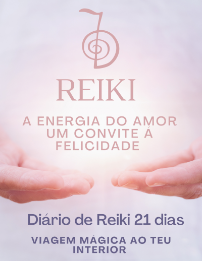 Imagem promocional de Reiki com texto e mãos abertas em fundo cor de rosa