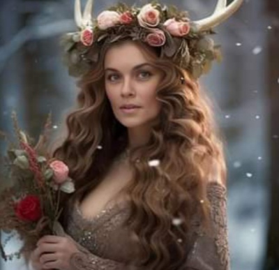 Mulher com vestido rendado e grinalda com flores e chifres