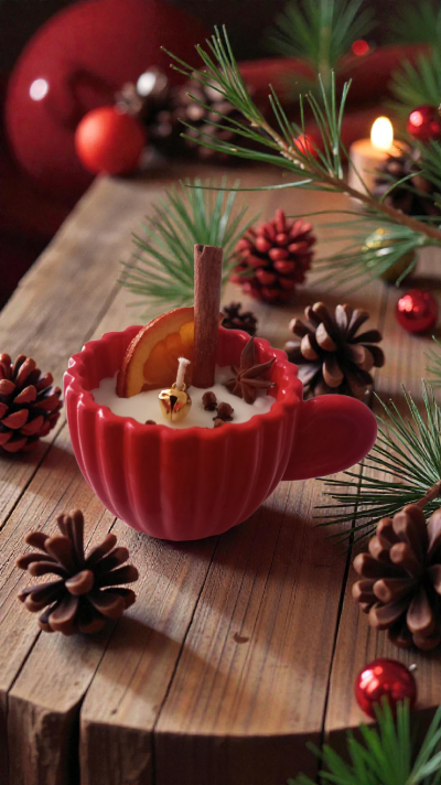 Vela decorativa em chávena vermelha com canela e laranja junto a pinhas e ramos de pinheiro.