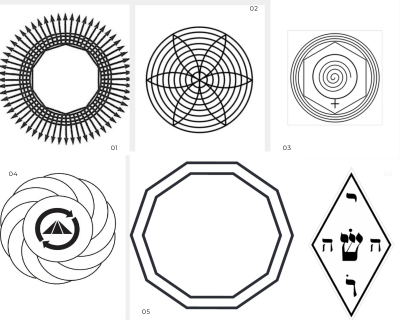 Seis figuras geométricas em preto e branco com formas circulares, octagonais, quadradas e losango, contendo símbolos e letras hebraicas.