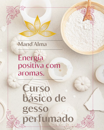 Moldes e formas de gesso branco com pó em tigela e texto promocional de curso de gesso perfumado.