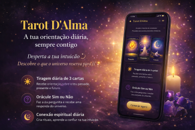 App Tarot DAlma em telemóvel com cartas de tarô e vela