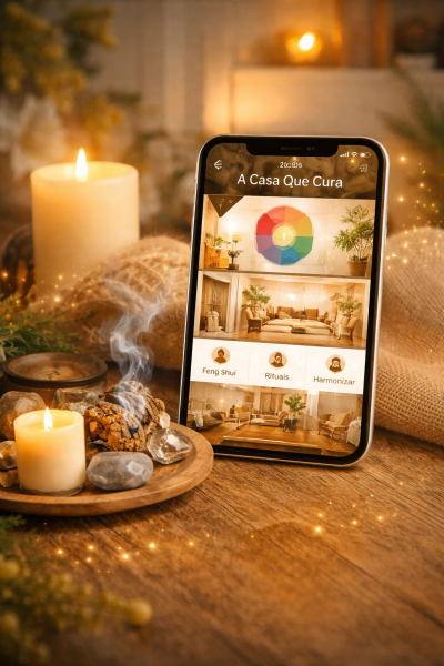 Ecrã de telemóvel com aplicação de Feng Shui ao lado de velas acesas e cristais sobre mesa de madeira