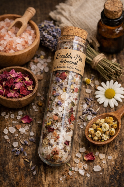 Frasco de sais de banho artesanais com cortiça e flores secas sobre mesa rústica