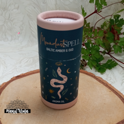 Embalagem cilíndrica azul de óleo aromático com cobra cor-de-rosa e textos dourados