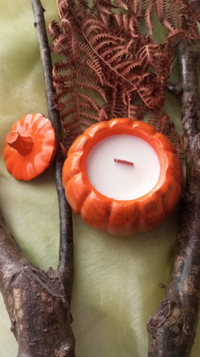 Vela em recipiente de cerâmica laranja em forma de abóbora entre ramos e folha seca