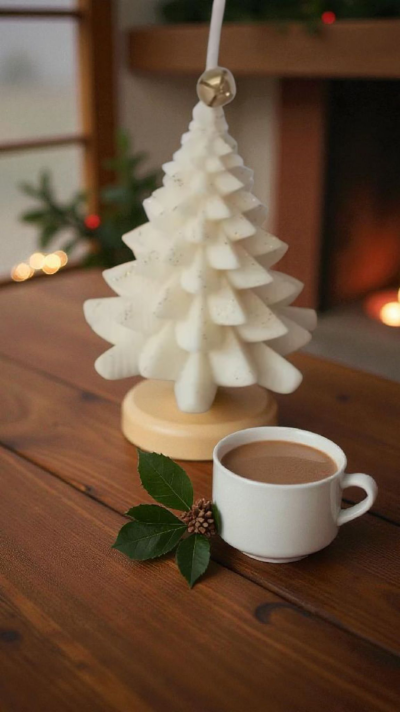 Vela em formato de árvore de Natal e chávena de café numa mesa de madeira