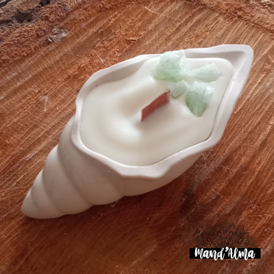 vela branca em recipiente cerâmico formato concha com pavio de madeira e pedaços verde claro no topo