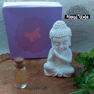 Conjunto com estátua de Buda branca, frasco de vidro com líquido, caixa lilás decorada e folhagem verde.