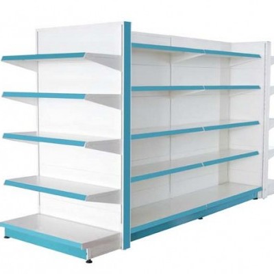 Estante metálica branca e azul para lojas com prateleiras duplas