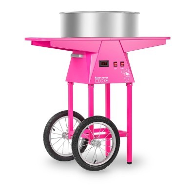 Máquina de algodão doce rosa com rodas e recipiente metálico
