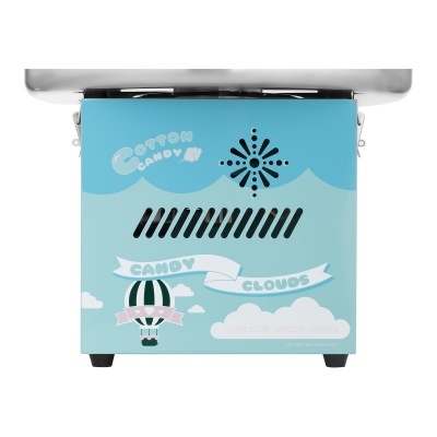 Máquina de algodão doce azul com texto e imagem de balão