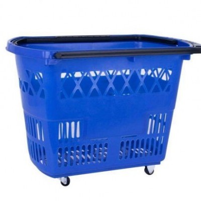 Cesto de plástico azul com tampa e rodízios