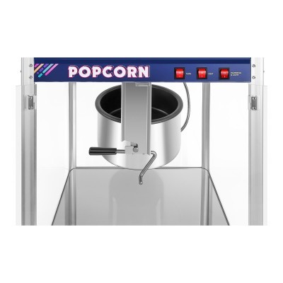 Máquina de pipocas metálica com pedras transparentes e painel azul POPCORN