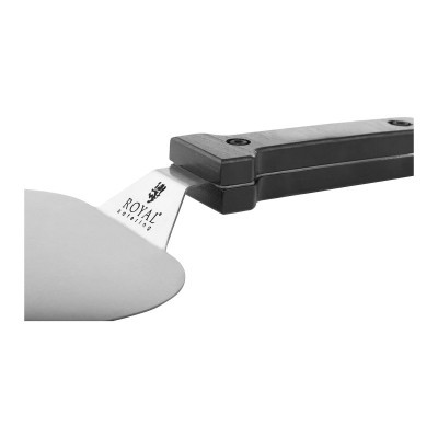 Espátula de cozinha com cabo preto e lâmina metálica com texto 'ROYAL'
