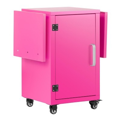 Móvel rosa com porta, abas laterais e rodas