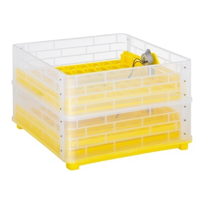 Caixa plástica amarela e transparente com padrão de tijolo